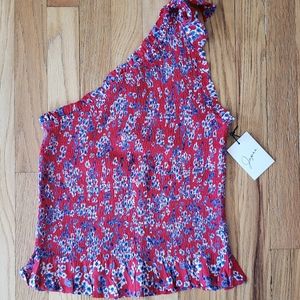 NWT Japna Red/Blue Floral Ruffle Hem Shirred Top, Size M